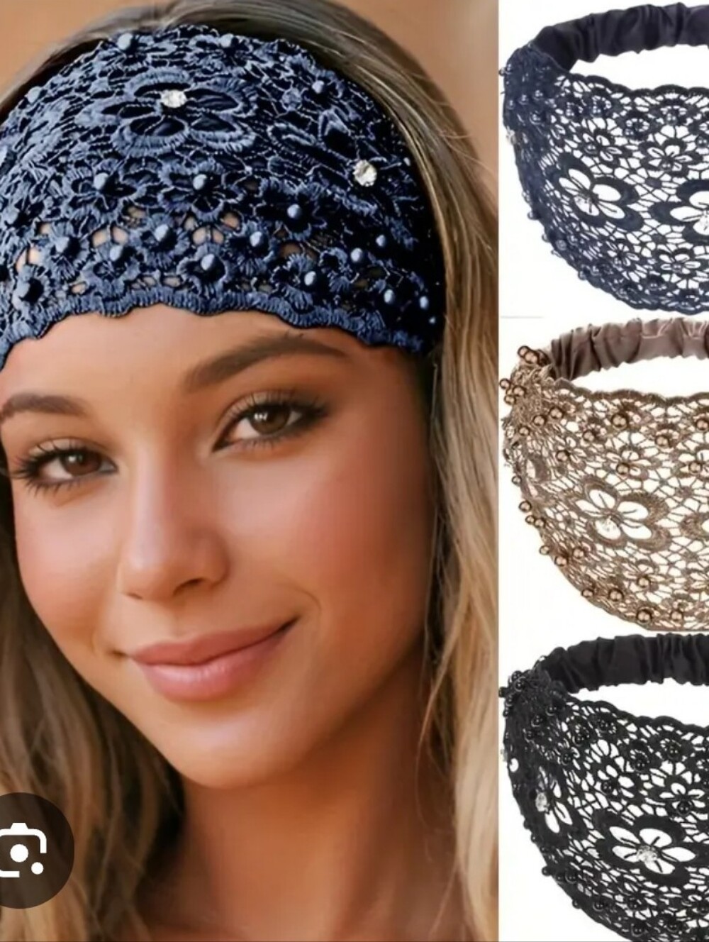 (1)Lace Floral Wide Headband - Navy